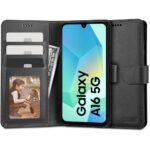 Juodas atverčiamas dėklas Samsung Galaxy A16 4G 5G is naturalios odos su kortelių ir pinigų lizdais