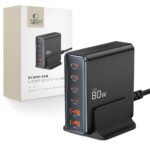 Juodas įkroviklis TECH-PROTECT DC80W-GAN su 6 USB portais ir 80W galingumu