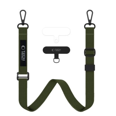 Khaki spalvos dirželis TECH-PROTECT C6S ROPE CROSSBODY su juoda TECH PROTECT etikečių žyme