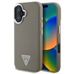 Rudas dėklas Guess PU Grained Triangle Logo telefonui Apple iPhone 16 su grūdėta tekstūra