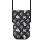 Juodas telefono krepšys Guess PU 4G Peony Multicolor Phone Bag su įvairiais raštais ir baltais bei pilkais simboliais