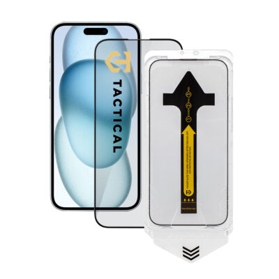 Apsauginis ekrano stikliukas Apple iPhone 15 Plus Tactical Impact Barrier for Rookies permatomas su geltonu instrukcijos lipduku