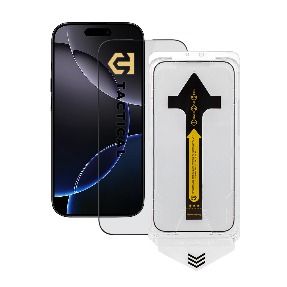 Apsauginis ekrano stikliukas Apple iPhone 16 Pro Tactical Impact Barrier for Rookies Apsauginis ekrano stikliukas Apple iPhone 16 Pro Tactical Impact Barrier for Rookies prie juodo telefono su skaidriu dizainu