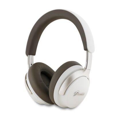 Beige spalvos ausinės Guess PU Leather Script Logo ANC/ENC Wireless Headphone su odiniais pagalvėlėmis