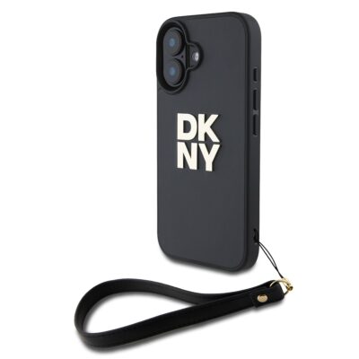 Juodas dėklas DKNY PU leather su baltais DKNY logotipais ir riešo dirželiu Apple iPhone 16 telefonui