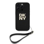 Juodas dėklas DKNY PU Leather Stack Logo Wrist Strap telefonui Apple iPhone 16 Pro su dirželiu