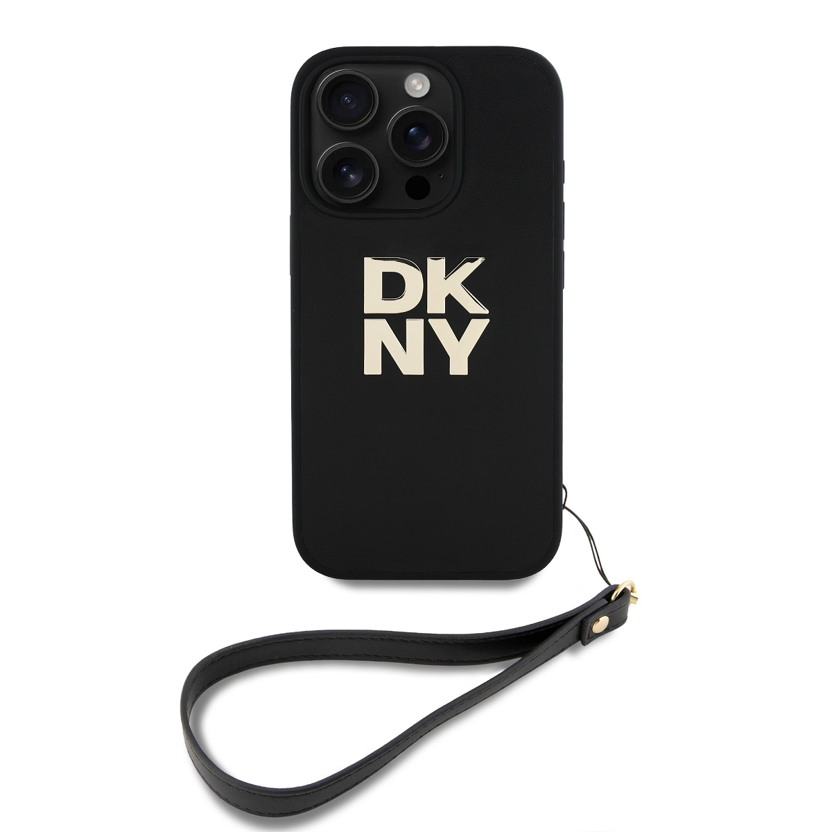 Juodas dėklas DKNY PU Leather Stack Logo Wrist Strap telefonui Apple iPhone 16 Pro Juodas dėklas DKNY PU Leather Stack Logo Wrist Strap telefonui Apple iPhone 16 Pro su dirželiu