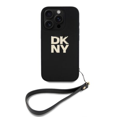 Juodas dėklas DKNY PU Leather Stack Logo Wrist Strap telefonui Apple iPhone 16 Pro Max su dirželiu