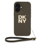 Žalias dėklas DKNY PU Leather Stack Logo Wrist Strap telefonui Apple iPhone 16 su riešo dirželiu