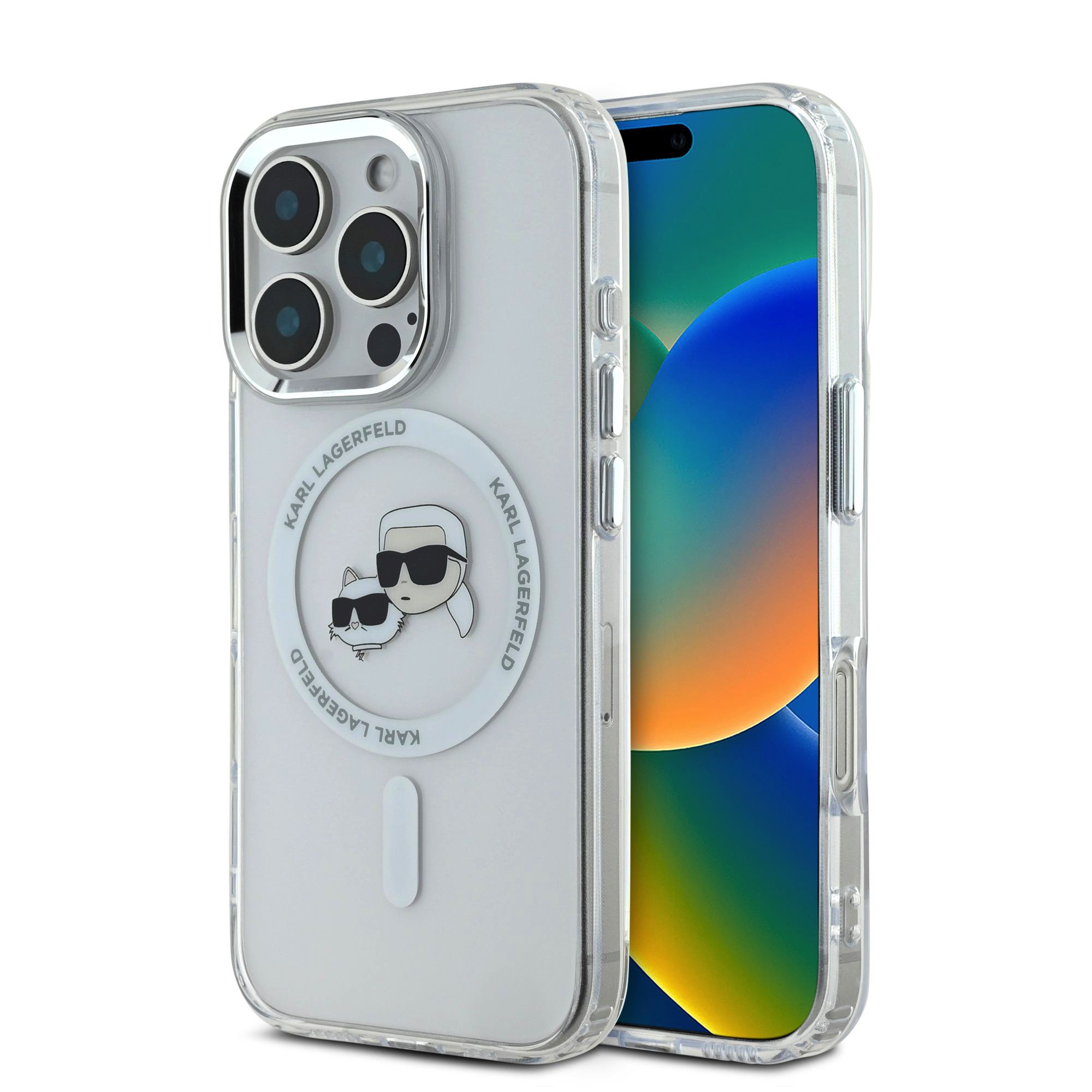 Skaidrus dėklas telefonui Apple iPhone 16 Pro Karl Lagerfeld IML K&CH Heads Metal Frame MagSafe Skaidrus dėklas telefonui Apple iPhone 16 Pro su Karl Lagerfeld piešiniu ir metaliniu rėmeliu prie kameros