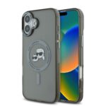 Juodas dėklas telefonui Apple Iphone 16 su Karl Lagerfeld logotipu ir metaliniu rėmeliu