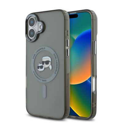 Juodas dėklas telefonui Apple Iphone 16 su Karl Lagerfeld logotipu ir metaliniu rėmeliu