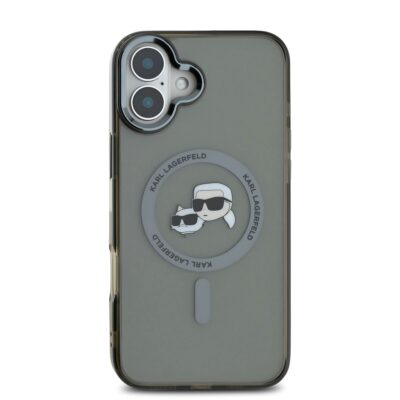 Juodas dėklas telefonui Apple Iphone 16 Karl Lagerfeld IML KCH Heads su metaliniu rėmeliu ir MagSafe žiedu