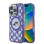 Purpurinis dėklas Karl Lagerfeld IML Monogram KCH Heads MagSafe telefonui Apple iPhone 16 Pro su simbolių piešiniais