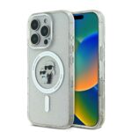 Skaidrus originalus deklas Karl Lagerfeld IML Glitter Karl and Choupette MagSafe telefonui Apple iPhone 16 Pro su zaismingu paveiksliuku ir blizguciais