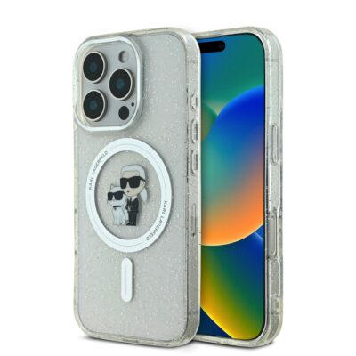 Skaidrus originalus deklas Karl Lagerfeld IML Glitter Karl and Choupette MagSafe telefonui Apple iPhone 16 Pro su zaismingu paveiksliuku ir blizguciais