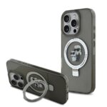 Juodas dėklas Karl Lagerfeld Ringstand Karl and Choupette MagSafe telefonui Apple iPhone 16 Pro Max su sidabriniu žiedu ir paveikslėliu.