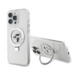 Baltas dėklas Karl Lagerfeld Ringstand Karl and Choupette MagSafe telefonui Apple iPhone 16 Pro Max su išskirtiniu žiedu ir figūrėlėmis