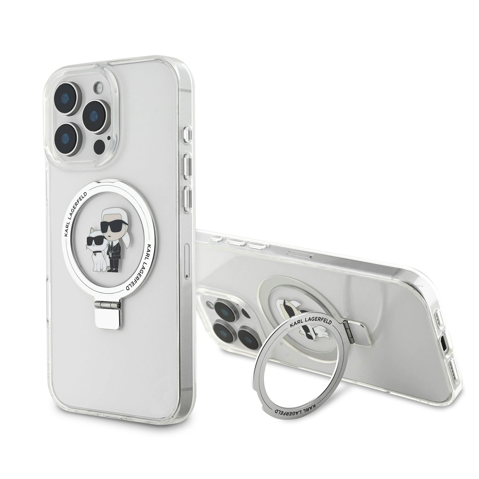 Baltas dėklas Karl Lagerfeld Ringstand Karl and Choupette MagSafe Baltas dėklas Karl Lagerfeld Ringstand Karl and Choupette MagSafe telefonui Apple iPhone 16 Pro Max su išskirtiniu žiedu ir figūrėlėmis