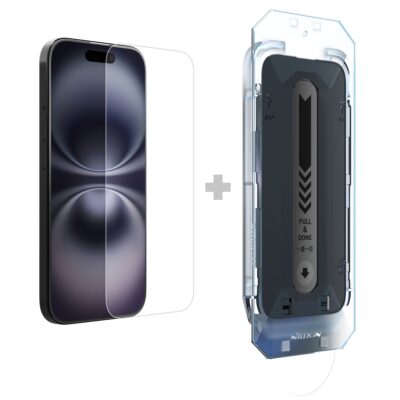 Apsauginis ekrano stikliukas su aplikatoriumi skirtas Apple iPhone 16 telefonui matomas kartu su pritaikymo įrankiu