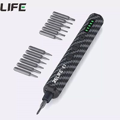 Elektrinis atsuktuvas Relife E1 Carbon Fiber su keičiamais antgaliais juodos spalvos anglies pluošto korpuse