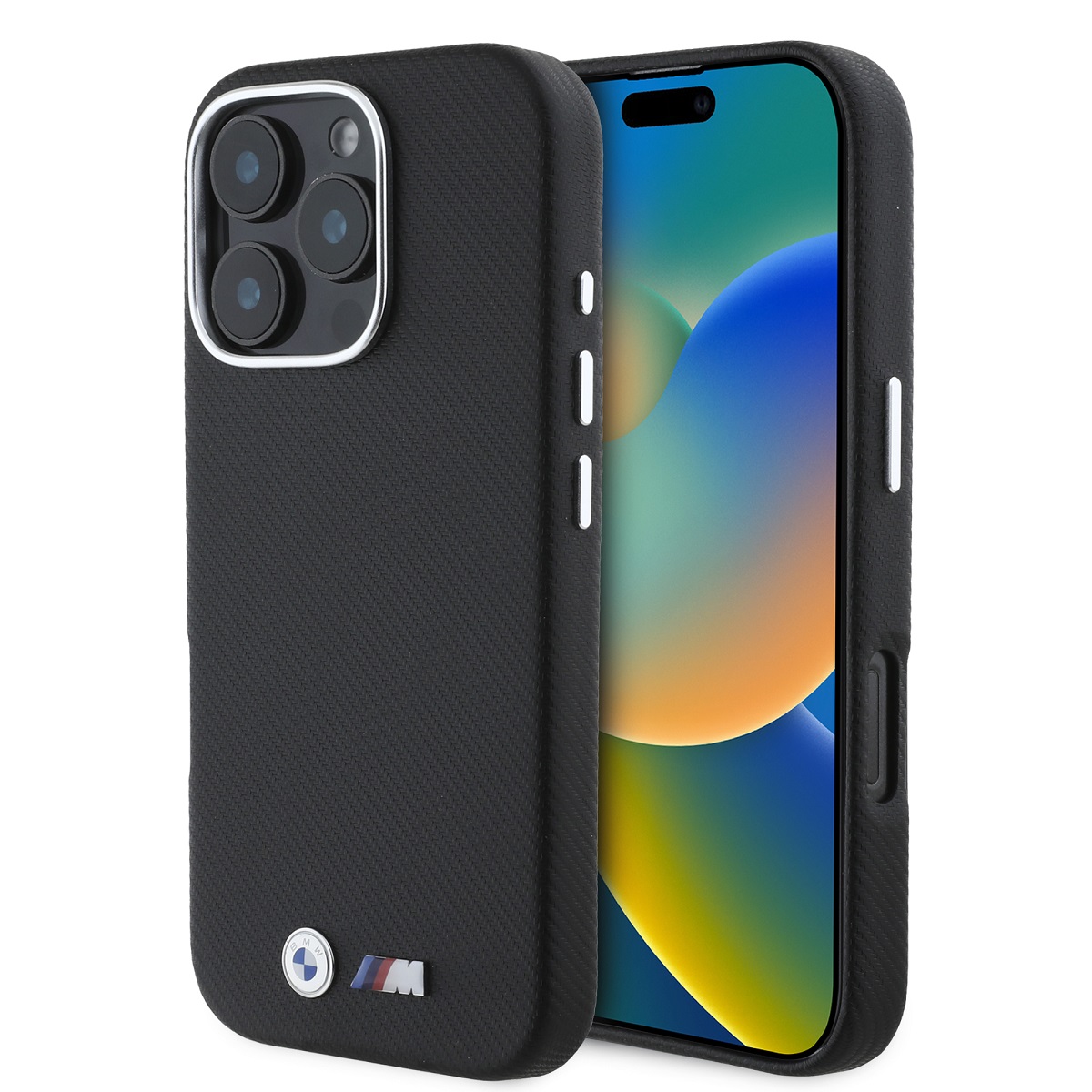 Juodas dėklas Apple Iphone 16 Pro BMW M PU Kevlar Metal Logo Juodas dėklas Apple Iphone 16 Pro su BMW M PU Kevlar metaliniu logotipu