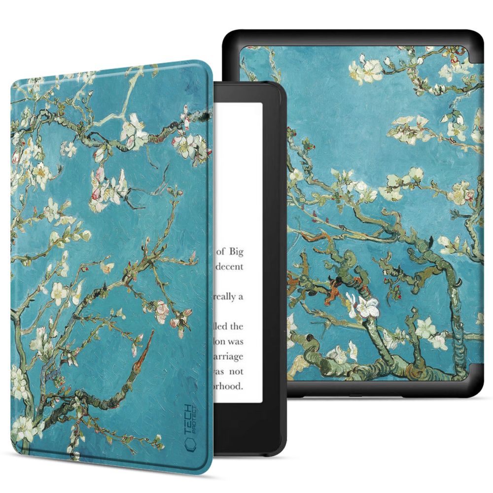 Sakurų dėklas KINDLE PAPERWHITE VI Tech-Protect Smartcase Sakurų dėklas KINDLE PAPERWHITE VI su mėlynu fonu ir baltais žydinčiais sakurų medžių šakų raštais