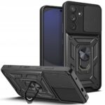 Juodas dėklas Samsung Galaxy S24 FE Tech-Protect Camshield Pro su ištraukiamu stovu ir kameros apsauga