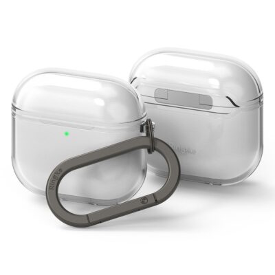 Skaidrus dėklas Apple Airpods 4 Ringke Air su pilkos spalvos karabinu