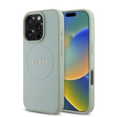 Žalias dėklas Guess PU Grained Classic Logo MagSafe telefonui Apple iPhone 16 Pro su tekstūruota oda ir logotipu