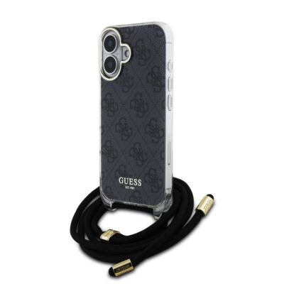 Juodas originalus dėklas Guess IML 4G Printed Crossbody telefonui Apple iPhone 16 su raštu ir juodu dirželiu