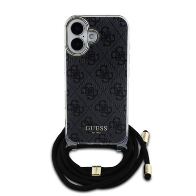Juodas originalus dėklas Guess IML 4G Printed Crossbody telefonui Apple iPhone 16 su raštais ir juoda virvele