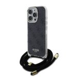 Juodas dėklas Guess IML 4G Printed Crossbody telefonui Apple iPhone 16 Pro su raštu ir pakabinamu juodu troseliu