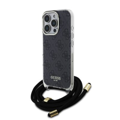 Juodas dėklas Guess IML 4G Printed Crossbody telefonui Apple iPhone 16 Pro Max su raštu ir kaklo dirželiu