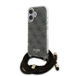 Rudas dėklas Guess IML 4G Printed Crossbody telefonui Apple iPhone 16 su tamsiai rudomis virvutėmis ir logotipu