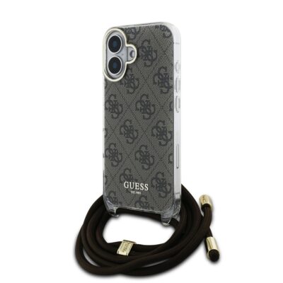 Rudas dėklas Guess IML 4G Printed Crossbody telefonui Apple iPhone 16 su tamsiai rudomis virvutėmis ir logotipu