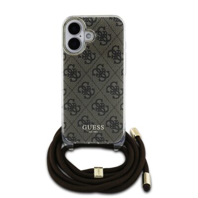 Rudas dėklas Guess IML 4G Printed Crossbody telefonui Apple iPhone 16 su tamsiai rudos spalvos dirželiu