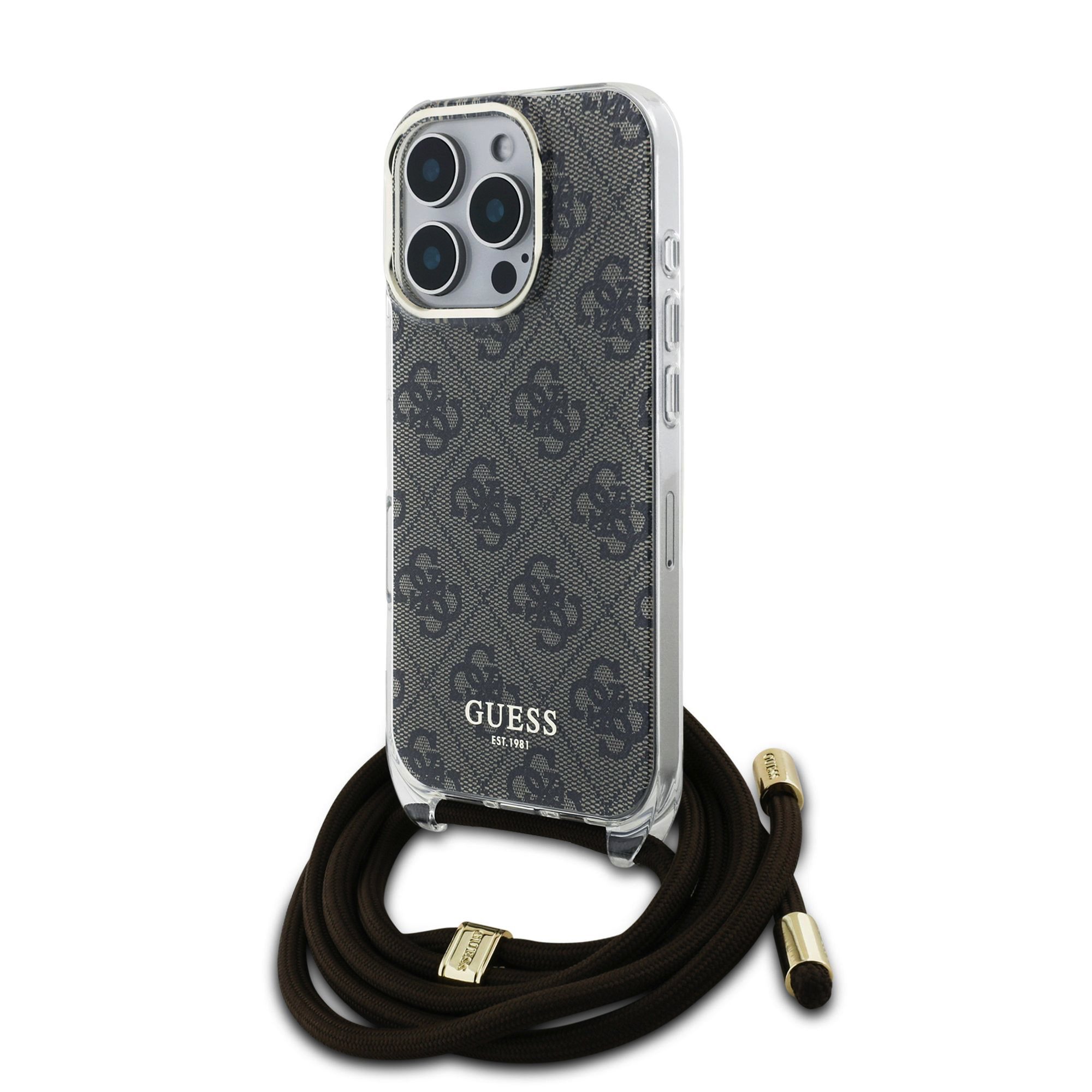 Rudas dėklas Guess IML 4G Printed Crossbody telefonui Apple iPhone 16 Pro Rudas dėklas Guess IML 4G Printed Crossbody telefonui Apple iPhone 16 Pro su ornamentuotu raštu ir odine viršutine dalimi