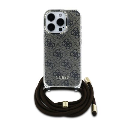 Rudas dėklas Guess IML 4G Printed Crossbody telefonui Apple iPhone 16 Pro Max su raštu ir tamsiai rudos spalvos virvelė