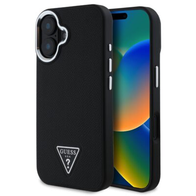Juodas dėklas Guess PU Grained Triangle Logo telefonui Apple iPhone 16 su tekstūriniu paviršiumi ir trikampiu logotipu