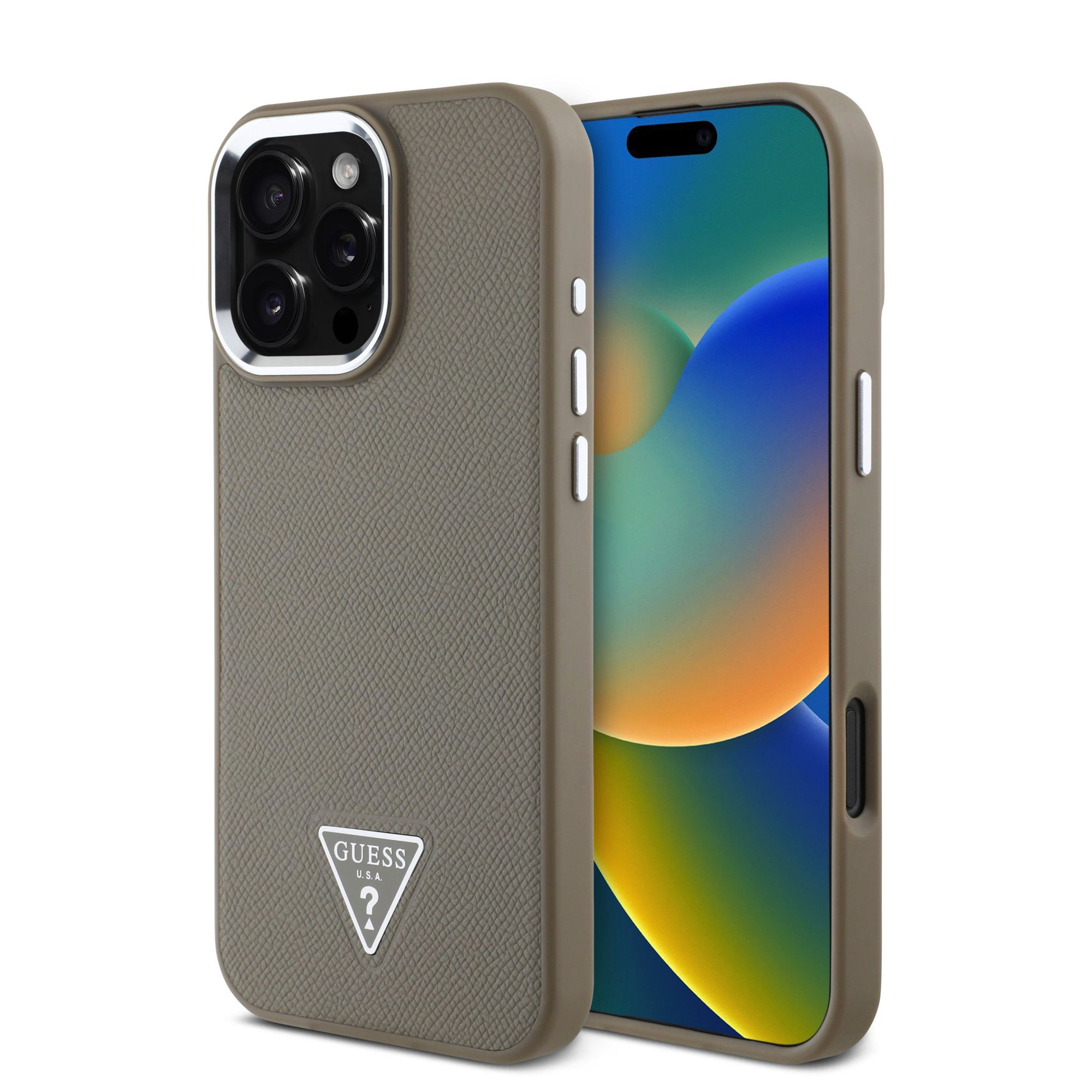 Rudas dėklas Guess PU Grained Triangle Logo telefonui Apple iPhone 16 Pro Rudas dėklas Guess PU Grained Triangle Logo Apple iPhone 16 Pro telefonui