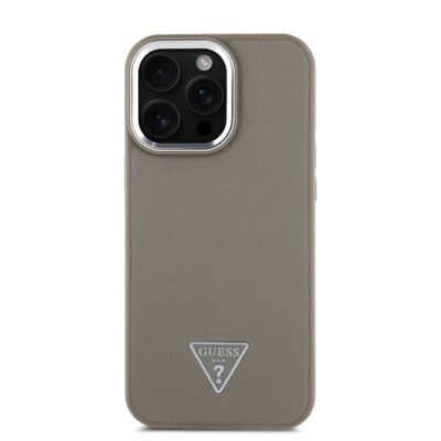 Rudas dėklas Guess PU Grained Triangle Logo telefonui Apple iPhone 16 Pro Max su trikampiu logotipu