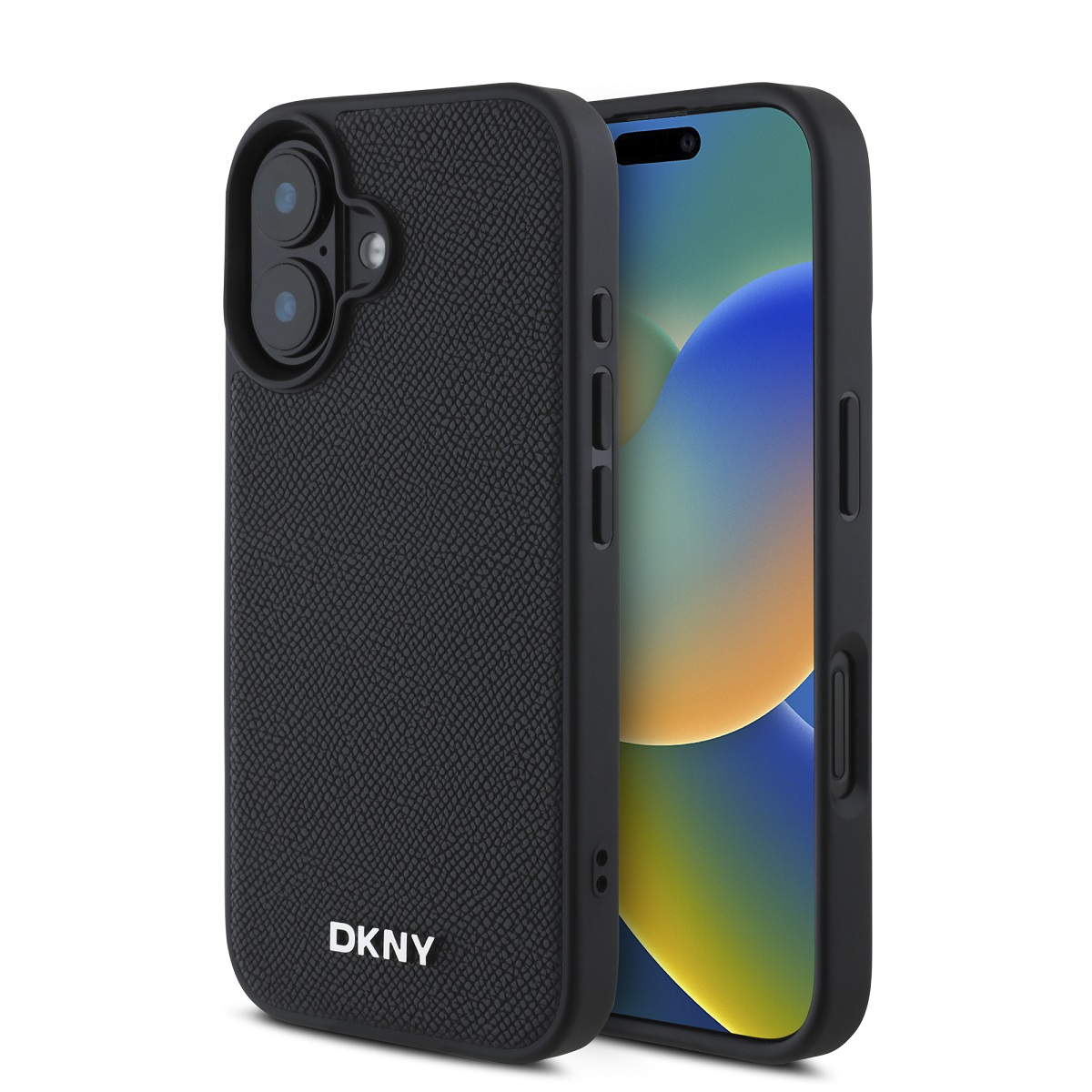 Juodas dėklas telefonui Apple Iphone 16 Plus DKNY PU Leather Silver Metal Logo Magsafe Juodas dėklas telefonui Apple Iphone 16 Plus DKNY PU Leather Silver Metal Logo Magsafe su tekstūruota oda ir matiniu paviršiumi