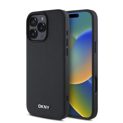 Juodas dėklas telefonui Apple Iphone 16 Pro DKNY PU Leather su sidabriniu metaliniu logotipu ir Magsafe