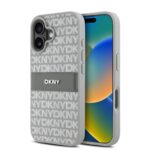 Beige deklas telefonui Apple Iphone 16 su DKNY logotipo raistu ir ispelktu odos elementu