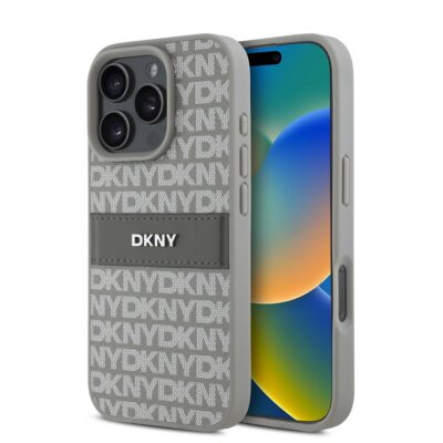 Beige dėklas telefonui Apple Iphone 16 Pro DKNY PU odos raštuotas