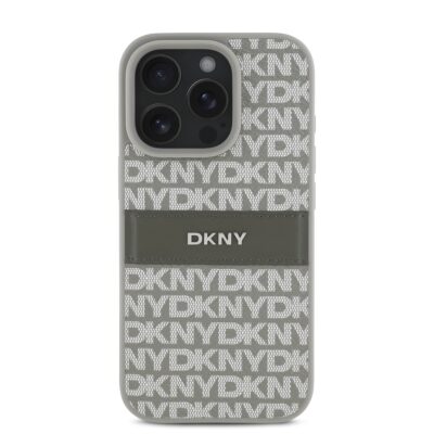 Beige dėklas telefonui Apple Iphone 16 Pro su DKNY logotipu ir dryžuota tekstūra