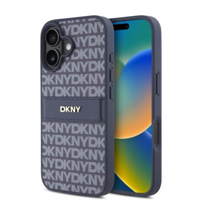 Mėlynas dėklas telefonui Apple Iphone 16 su DKNY PU odos raštu ir juodas logotipas