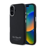 Juodas dėklas Karl Lagerfeld Grained PU Hotel RSG telefonui Apple iPhone 16 su tekstūra ir baltu logotipu
