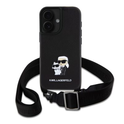 juodas deklas karl lagerfeld saffiano crossbody metal karl and choupette telefonui apple iphone 16 su animaciniu piešiniu